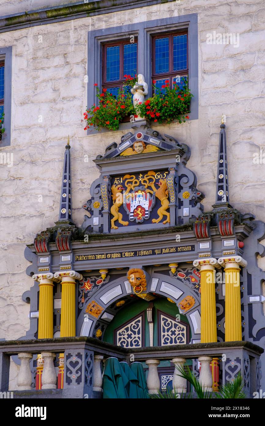 Detail des Portals am Mündener Rathaus, Weser Renaissance, Hannoversch Muenden, Hann. München, Niedersachsen, Deutschland Stockfoto