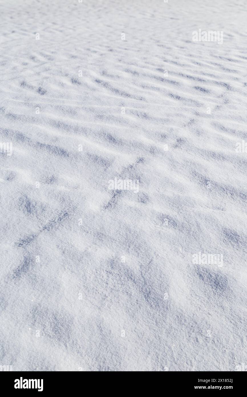 Landschaft mit frischem und sauberem Schnee auf dem Boden im Winter an einem sonnigen Tag, von oben gesehen. Abstrakter saisonaler Hintergrund im Vollformat. Kopierbereich. Stockfoto