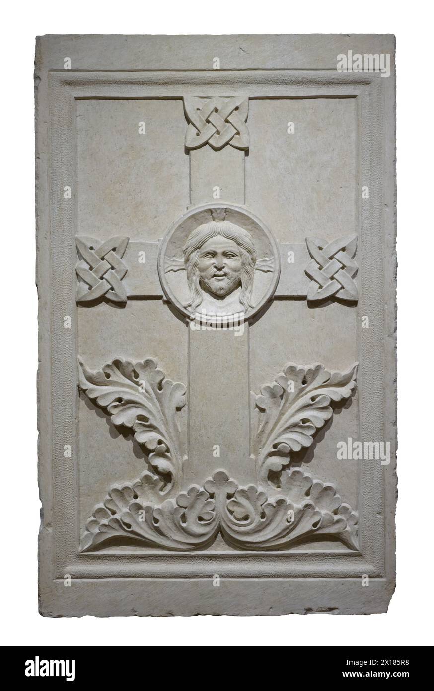 Das Kreuz mit dem Kopf des Erlöserreliefs aus der Kathedrale von Ferrara. Italien Stockfoto