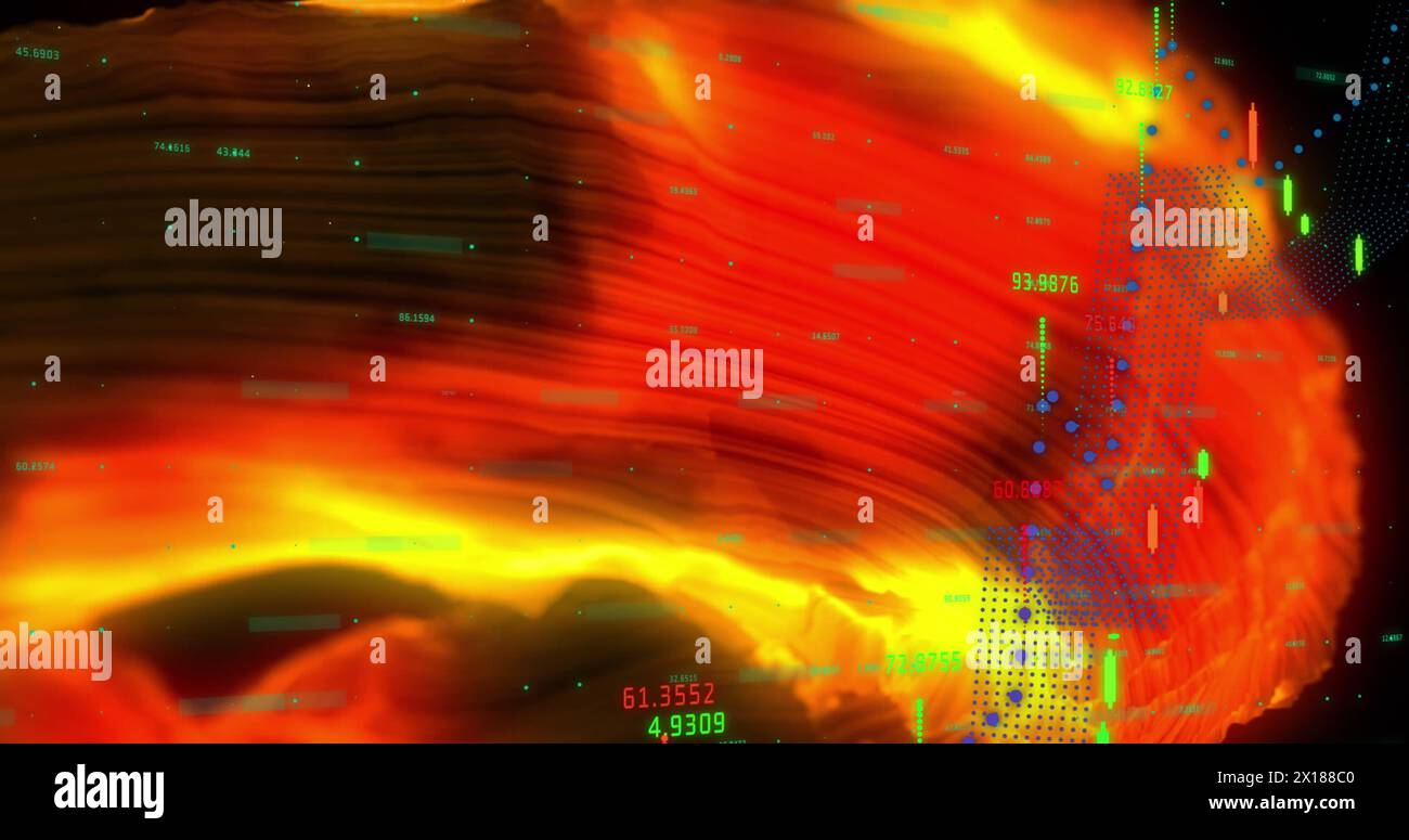 Bild der Datenverarbeitung über Feuer auf schwarzem Hintergrund Stockfoto