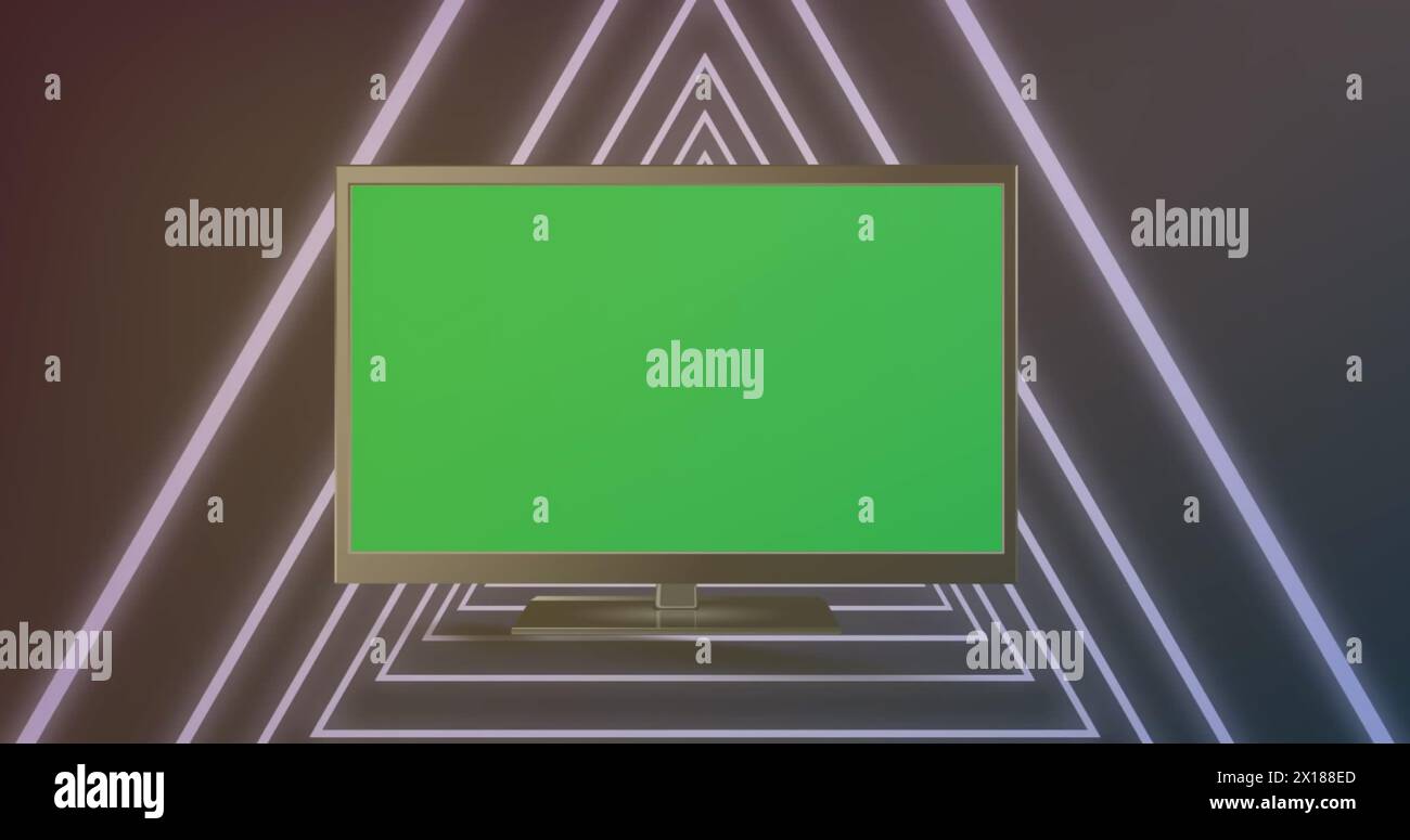 Bild des digitalen Fernsehens mit grünem, leerem Bildschirm und beleuchtetem dreieckigem Tunnel Stockfoto
