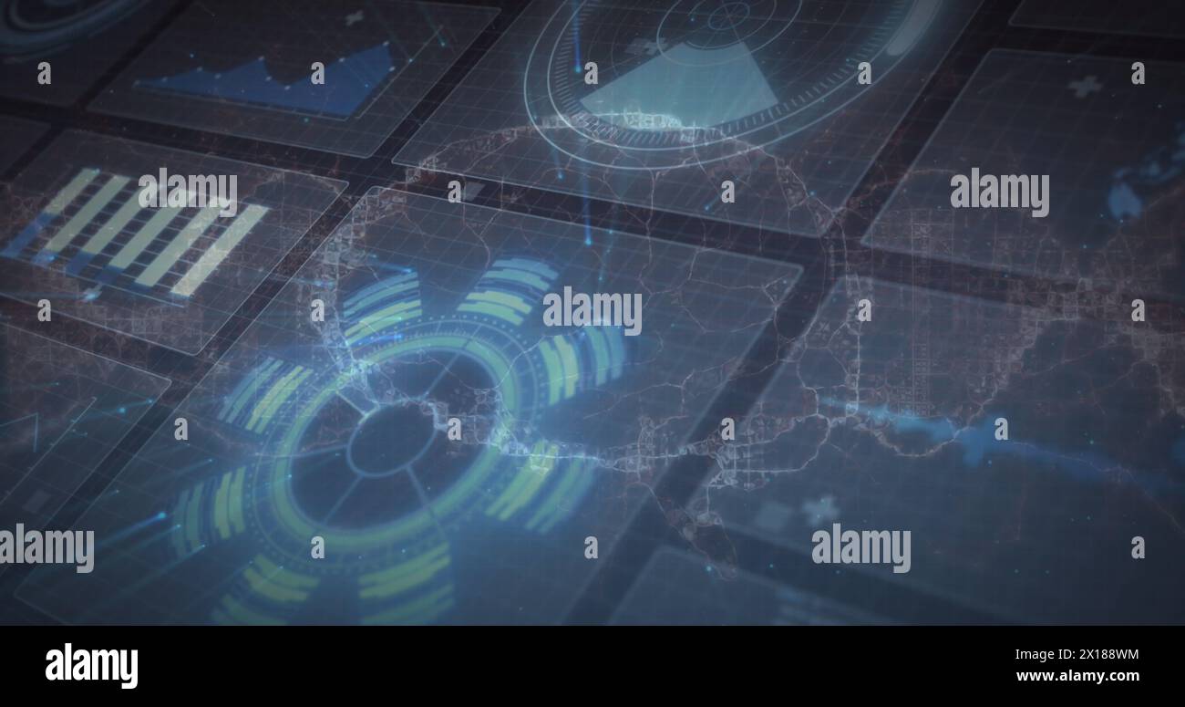 Abbildung des Netzwerks von Verbindungen mit Symbolen und Datenverarbeitung Stockfoto