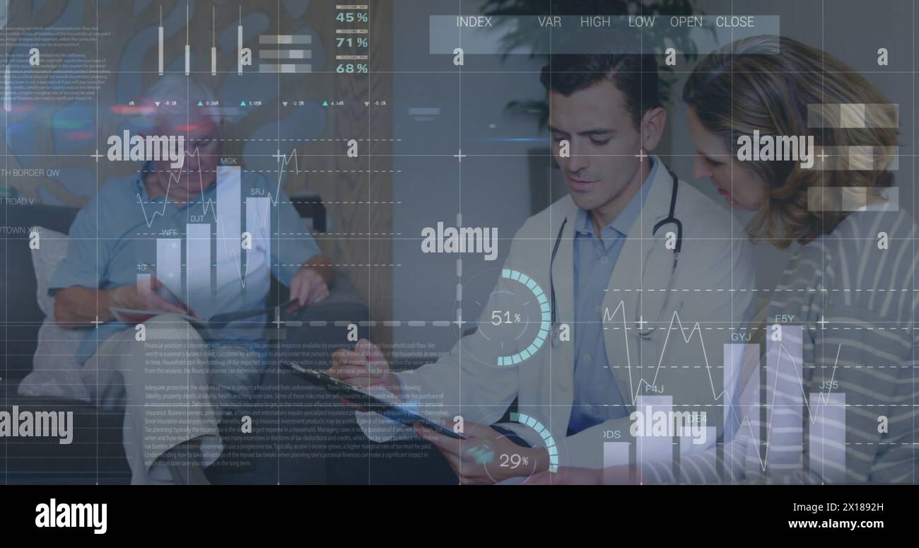 Bild von Finanzgraphen und Daten über kaukasischen männlichen Arzt mit Patienten Stockfoto