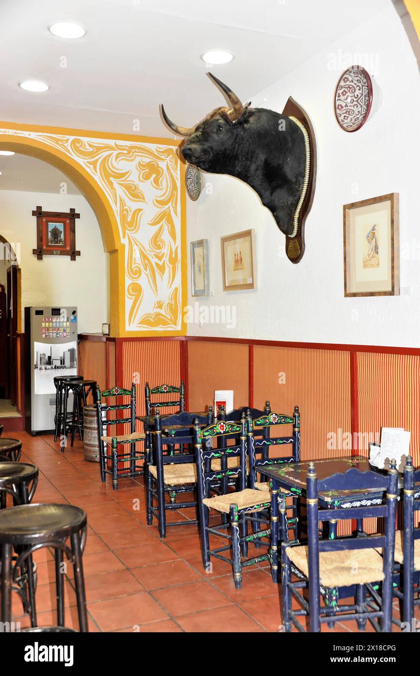 Sevilla, Ein Café in Sevilla mit einem Stierkopf an der Wand und Tischen im spanischen Stil, Sevilla, Andalusien, Spanien Stockfoto