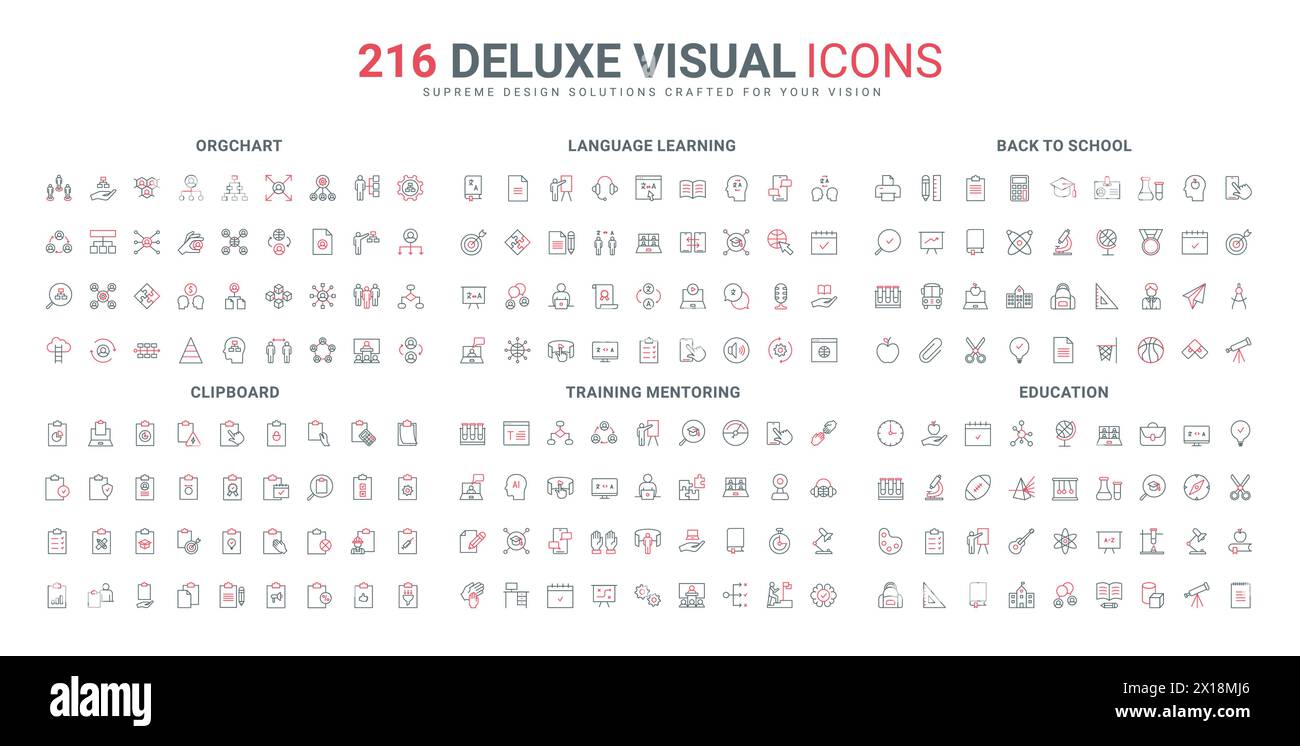 Bildung und Sportunterricht in der Schule, Spracherwerb, Clipboard-Liste, Symbolsatz für Datenmarkierungen. Karriere und Rotation der Mitarbeiter im Team, dünne schwarze und rote Umrisssymbole Vektorillustration Stock Vektor