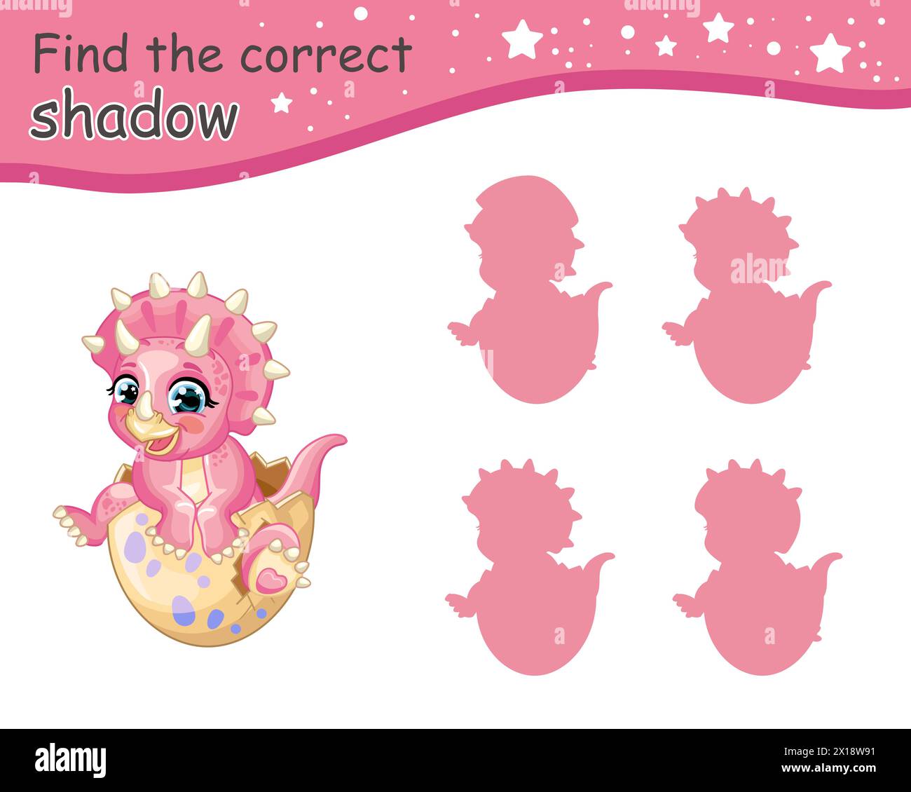 Suchen Sie den richtigen Schatten. Niedlicher Karikaturpinker Baby triceratops Dinosaurier im Ei. Kinder pädagogisches Matching-Spiel mit Karikaturcharakter. Aktivität, Logikspiel, Stock Vektor