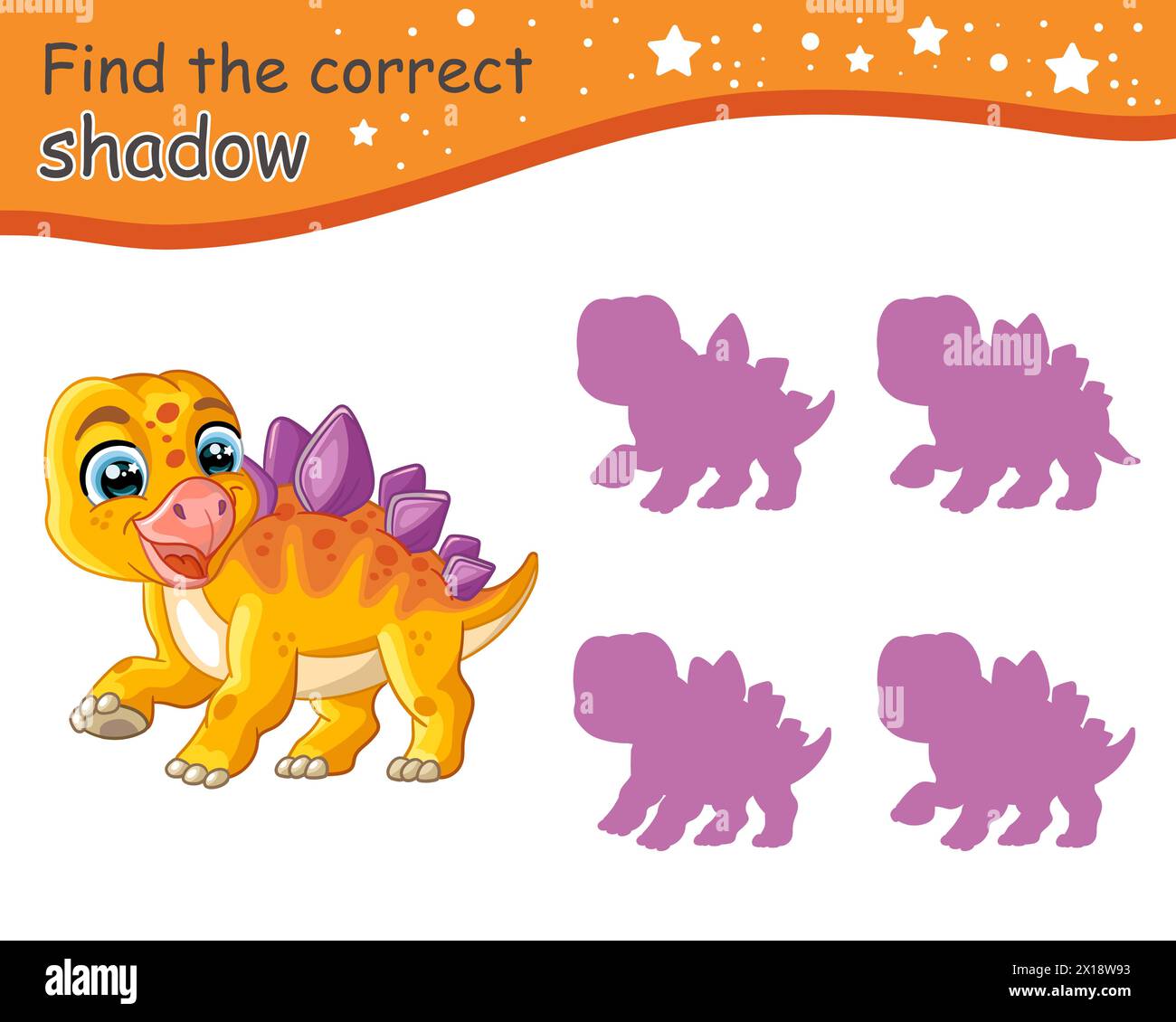 Suchen Sie den richtigen Schatten. Niedlicher Cartoon Stegosaurus Dinosaurier. Pädagogisches Matching-Spiel für Kinder mit Zeichentrickfigur. Aktivität, Logikspiel, Lernen Stock Vektor