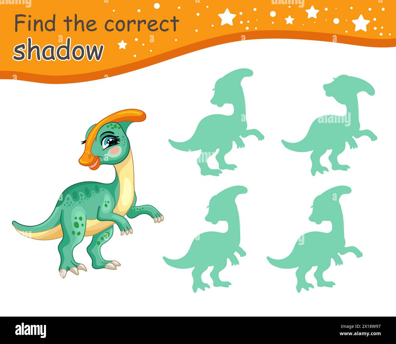 Suchen Sie den richtigen Schatten. Niedlicher Cartoon parasaurolophus Dinosaurier. Pädagogisches Matching-Spiel für Kinder mit Zeichentrickfigur. Aktivität, Logikspiel für KI Stock Vektor