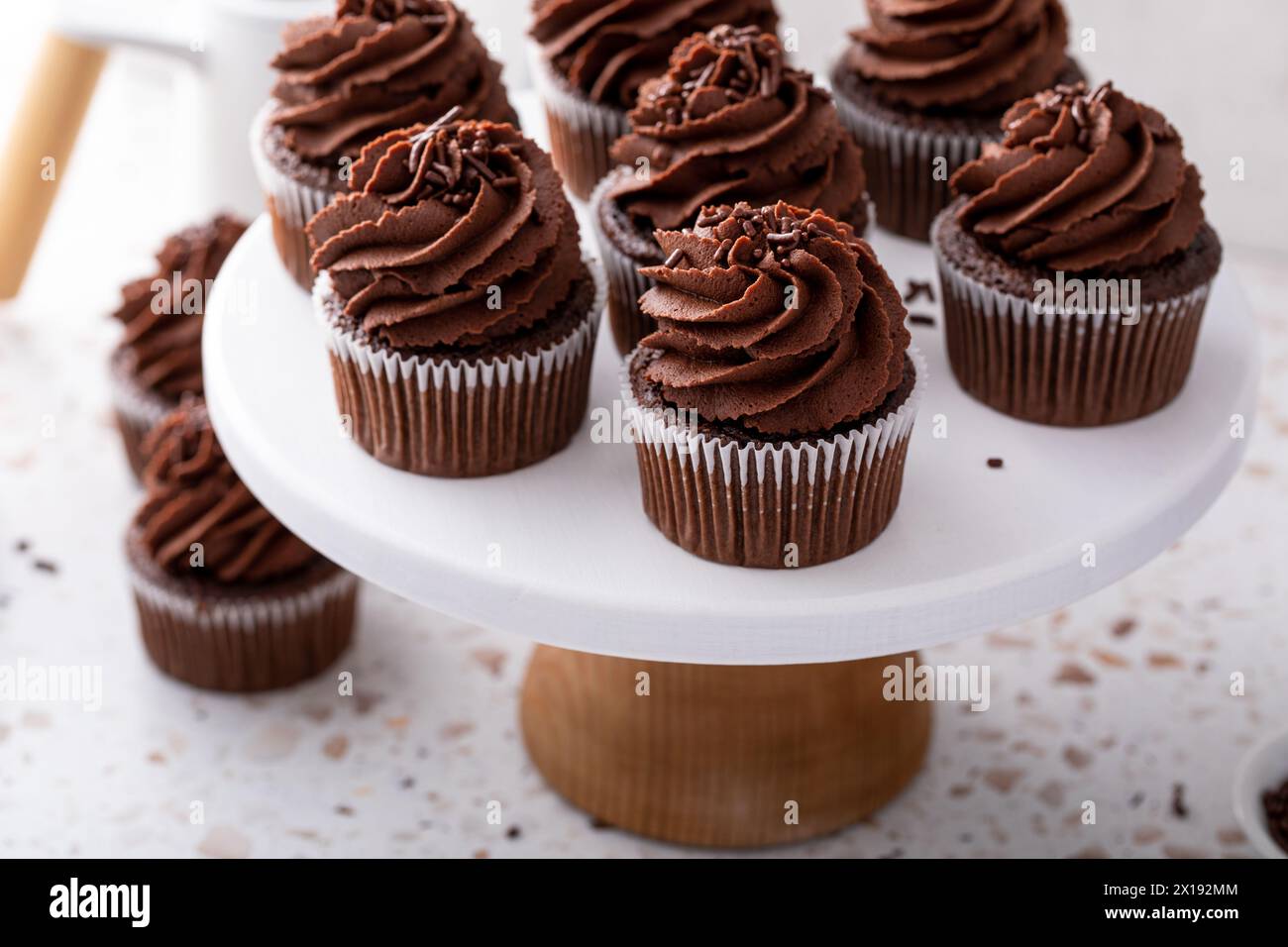 Schokoladen-Cupcakes mit Schokoladen-Ganache-Zuckerguss und Schokoladenstreuseln darauf Stockfoto