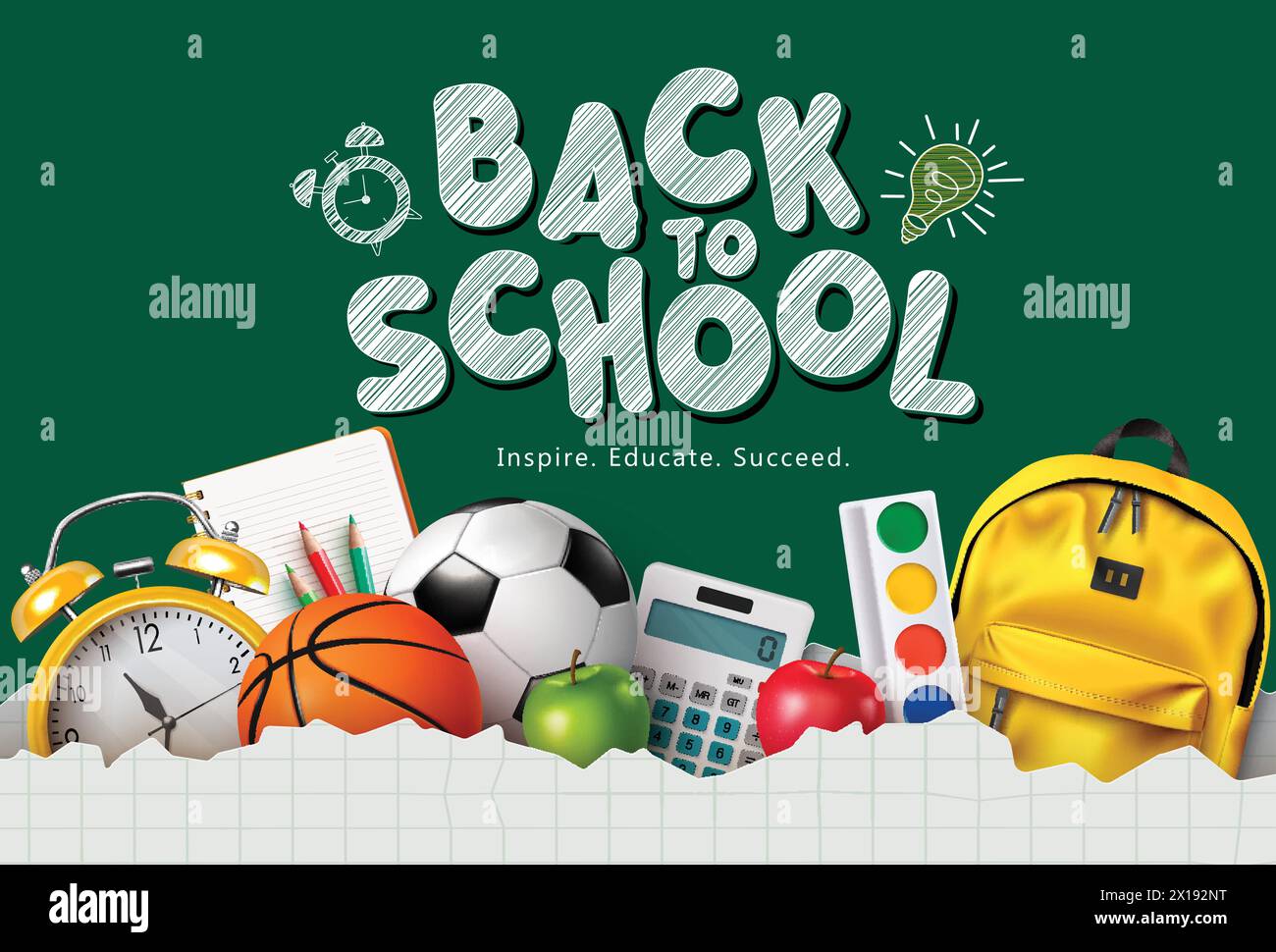 Back to School Text Vector Template Design. Gruß zum Schulbeginn im Grünen mit Rucksack, Fußball, Wecker, Taschenrechner und Wasserfarbe Stock Vektor