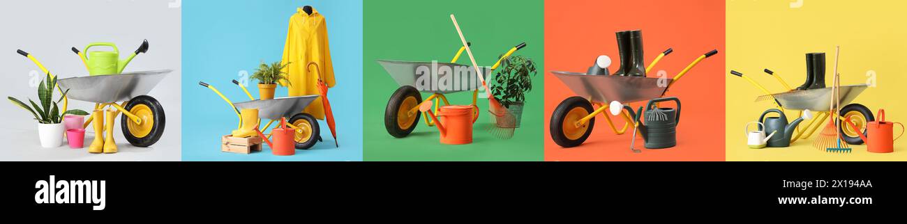 Sammlung von Gartenwerkzeugen mit Schubkarre und Pflanzen auf farbigem Hintergrund Stockfoto