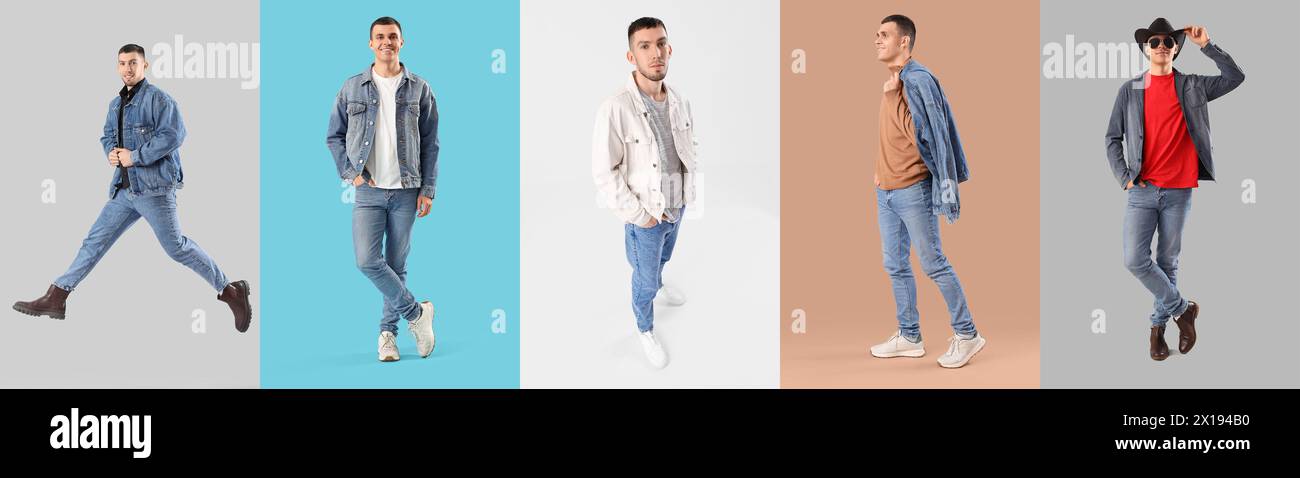 Collage stilvoller junger Männer in Denim-Kleidung auf farbigem Hintergrund Stockfoto