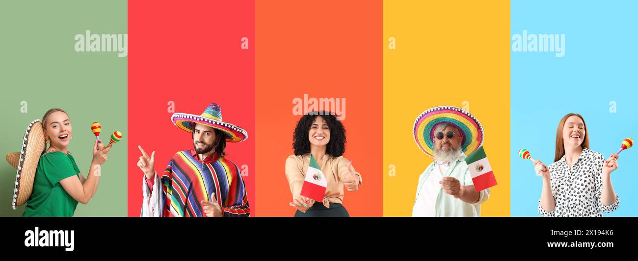 Collage von Mexikanern auf farbigem Hintergrund Stockfoto