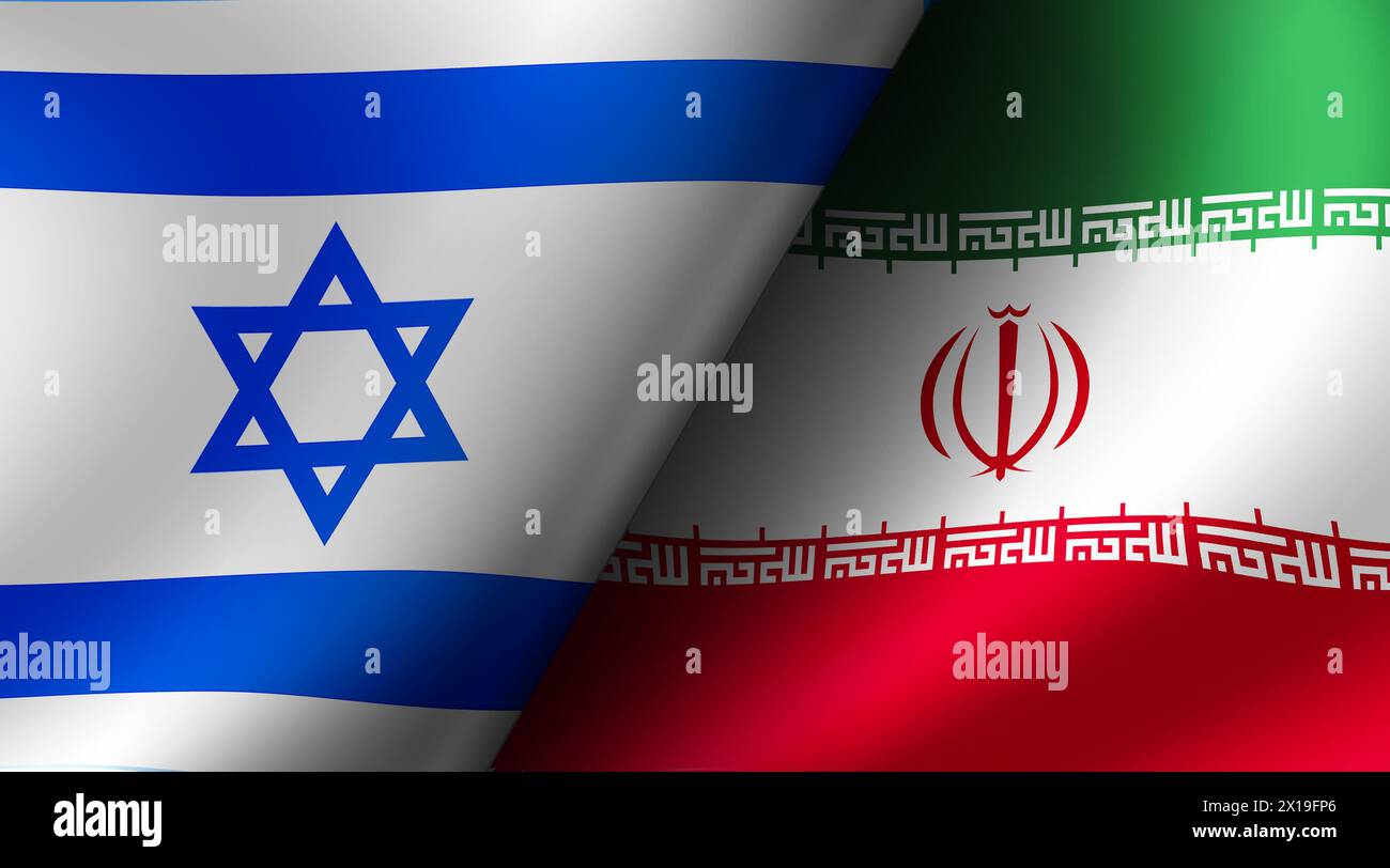 Israel gegen Iran (Kriegskrise, politischer Konflikt). Abbildung der Landesflagge Stockfoto