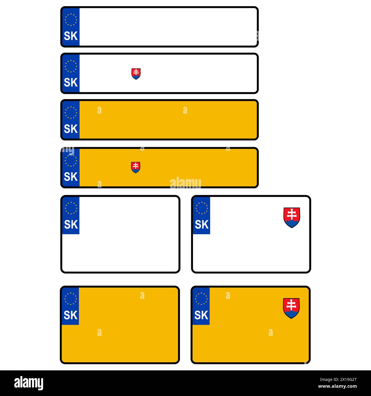 Kennzeichen der Slowakei. Rahmenschild für Fahrzeugkennzeichen. Vorlage für das slowakische Autokennzeichen. EU-Länderkennung. Flacher STYLE. Stockfoto