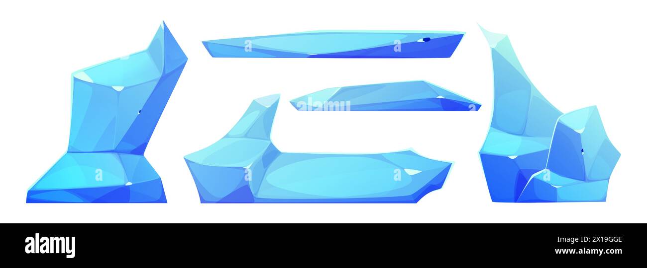 Spiel Kristall Eisberg Block, Winter Vektor Gletscher. Gefrorene arktische Berge isolierte Landschaft Design. Antarktische Chunk Cliff ui Nordpol-Symbolsatz. Frostgestein-Mineral-Aqua auf weißem Hintergrund Stock Vektor