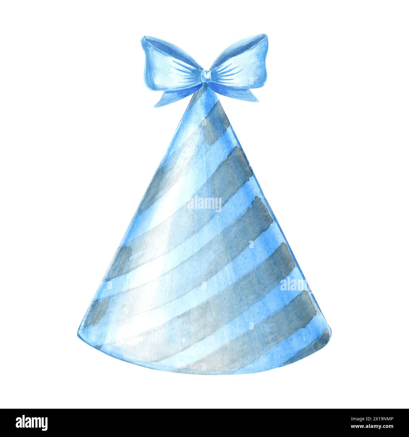 Partymütze mit blau gestreifter Schleife. Handgezeichnete Illustration mit Aquarell. Vorlage für festliche Accessoires für Geburtstag und Kinderparty Dekoration. Isoliert Stockfoto