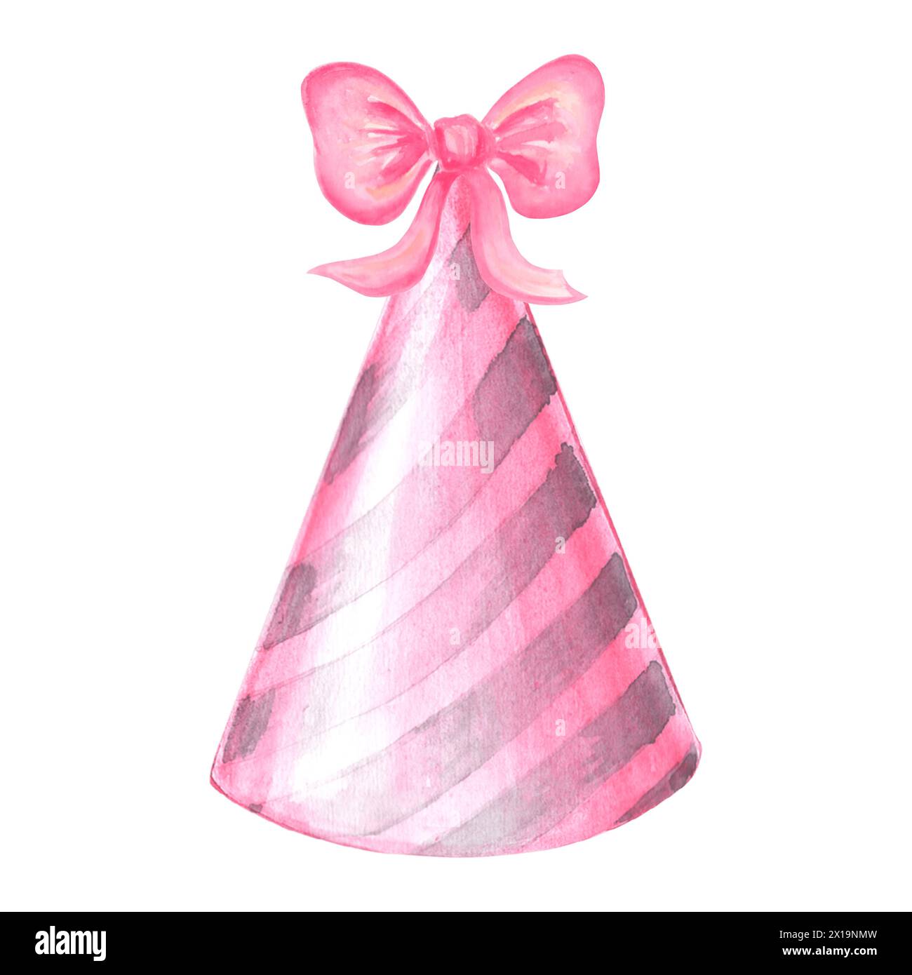 Partymütze mit Schleife in Pink. Handgezeichnete Illustration mit Aquarell. Vorlage für festliche Accessoires für Geburtstag und Kinderparty Dekoration. Isoliert Stockfoto