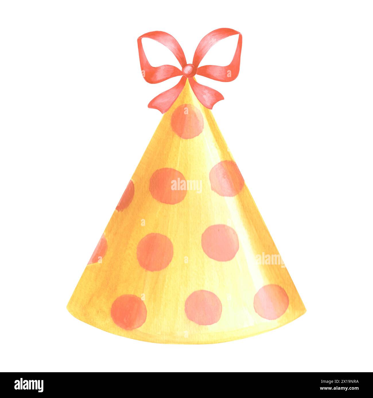Partyhut gelb mit Schleife und Punktmuster. Handgezeichnete Illustration mit Aquarell. Vorlage für festliche Accessoires für Geburtstag und Kinderparty Dekoration. Isola Stockfoto