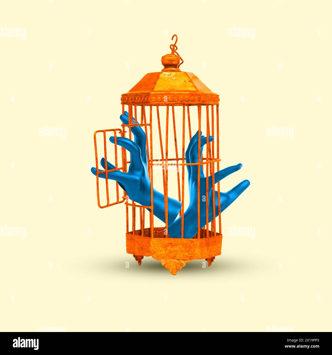 Zeitgenössische Kunstcollage. Blaue Hände in goldener Zellendarstellung auf luxuriöser, aber bindender Natur von Reichtum oder Status. Stockfoto