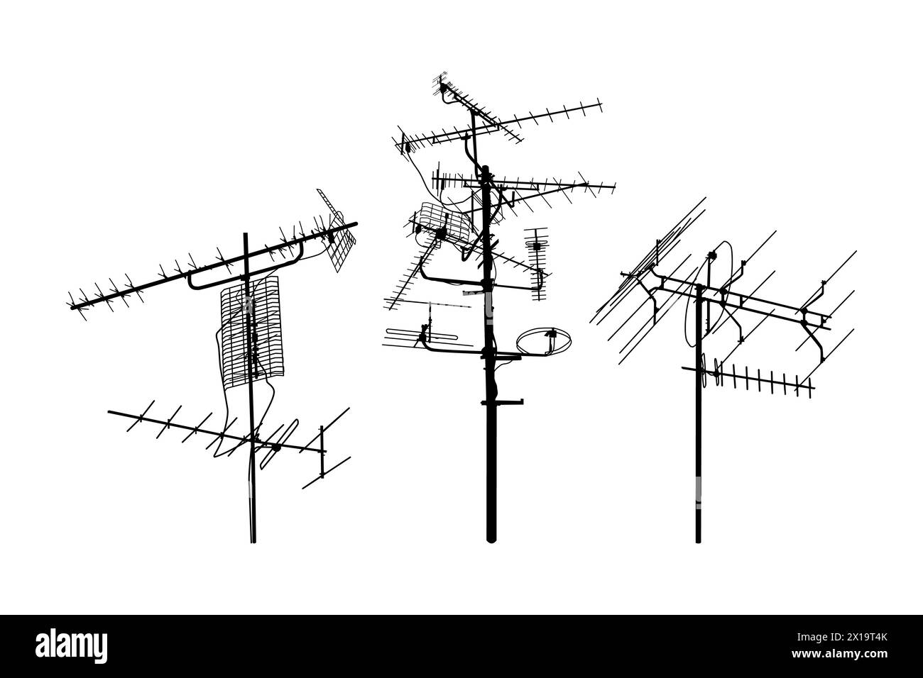 Die Symbole der Fernsehantenne werden isoliert auf weißem Hintergrund eingestellt. Silhouetten verschiedener Fernsehantennen. TV-Antennenschild oder -Symbol. Vektorgrafik Stock Vektor