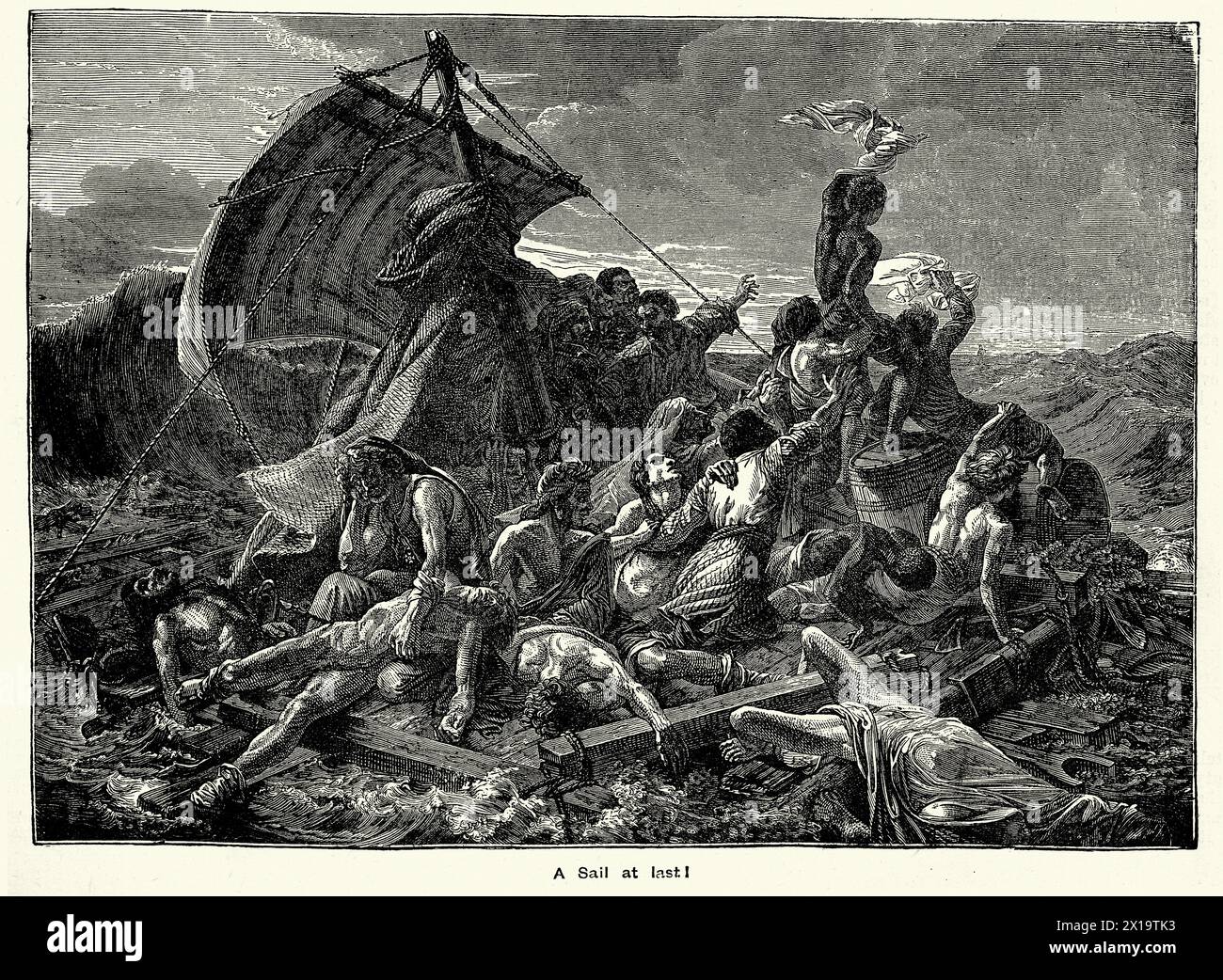 Das Floß der Medusa, Überlebende des Wracks der französischen Marinefregatte Méduse, 1813, Vintage Illustration Stockfoto