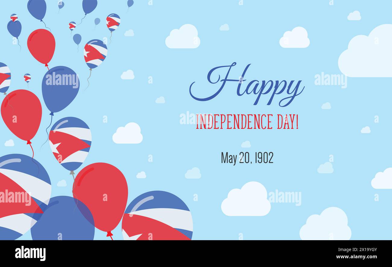 Kuba Unabhängigkeitstag Funkelndes Patriotisches Poster. Zeile mit Ballons in Farben der kubanischen Flagge. Grußkarte mit Nationalflaggen, blauem Skyes und Wolke Stock Vektor