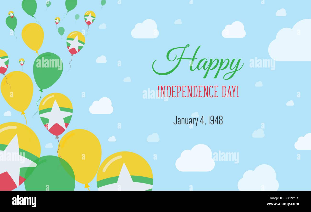 Myanmar Unabhängigkeitstag Funkelndes Patriotisches Poster. Ballonreihe in den Farben der Myanmarischen Flagge. Grußkarte mit Nationalflaggen, blauen Skyes und Wolken. Stock Vektor