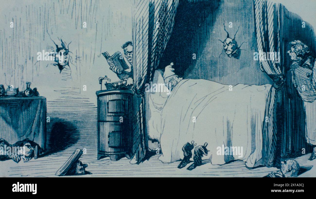 Ein Reisender, der neu in Russland von Zar Nikolaus I. angekommen ist, entdeckt, dass die Wände Ohren haben, Cartoon von Gustave Doré, Frankreich 1854 Stockfoto