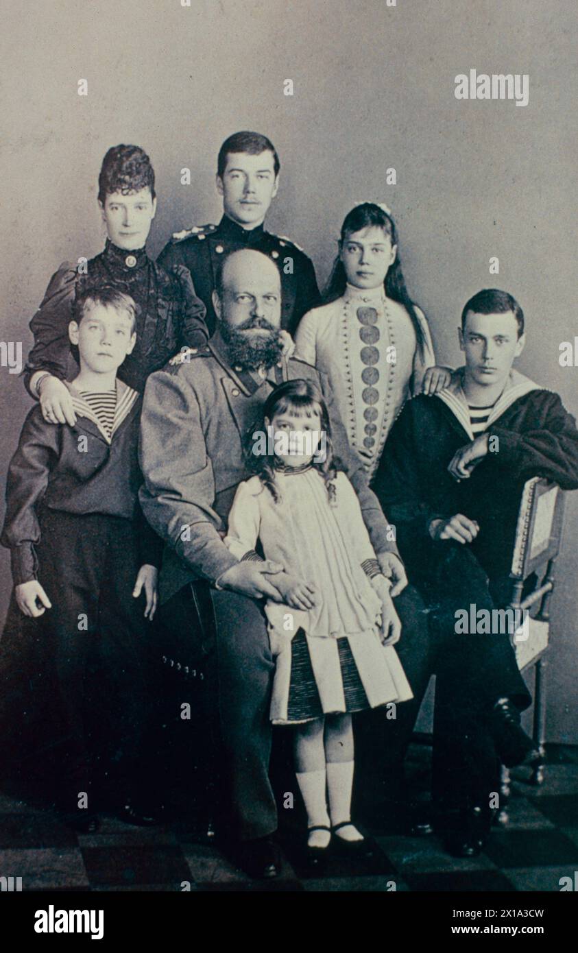 Porträt des russischen Zaren Alexander III. Und seiner Familie, 1880er Jahre Stockfoto