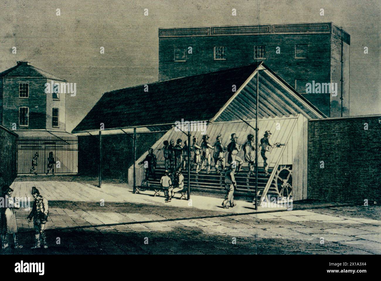 Gefangene im Bixton House of Correction werden an einem Laufband gearbeitet, um Disziplin zu erzwingen, England, Gravur, 19. Jahrhundert Stockfoto