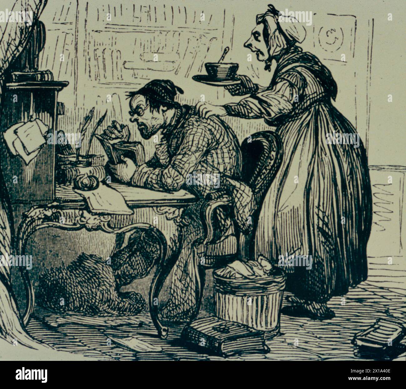 Ein Cartoon, der die Ideen von Thomas Malthus lächerlich macht, Illustration, 19. Jahrhundert Stockfoto