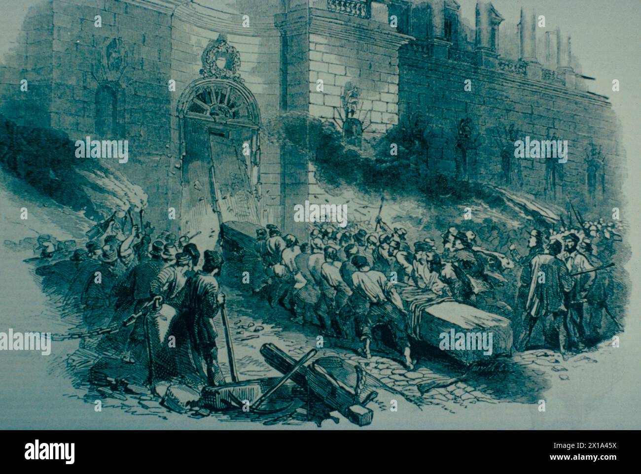 Revolutionäre stürmen das Arsenal auf der Suche nach Waffen während der Revolution, Berlin, Deutschland 1848, Illustration Stockfoto