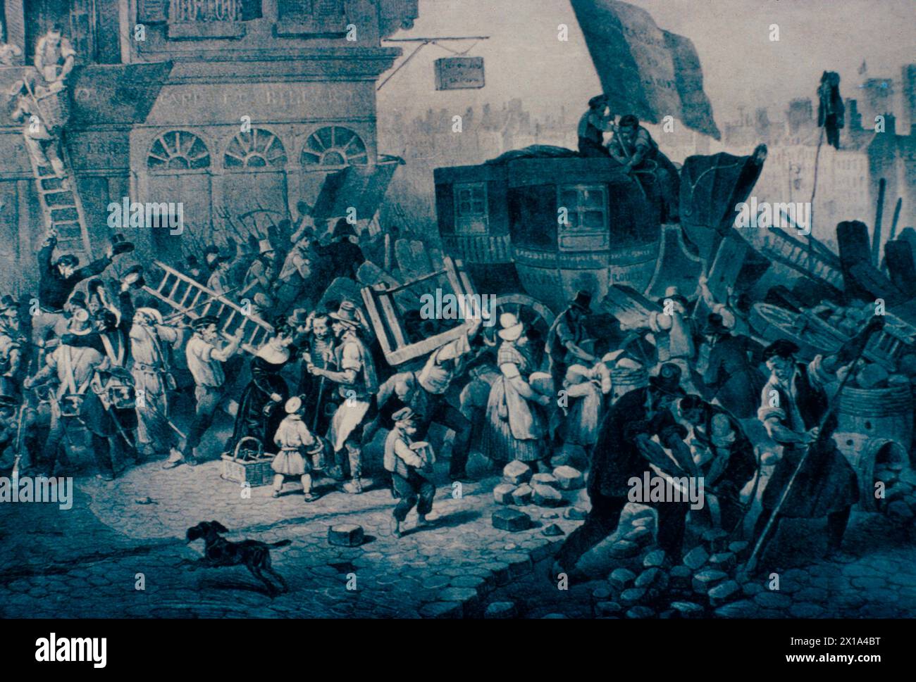 Barrikade, erbaut während der Juli-Revolution in Frankreich, 1930, Illustration, 19. Jahrhundert Stockfoto