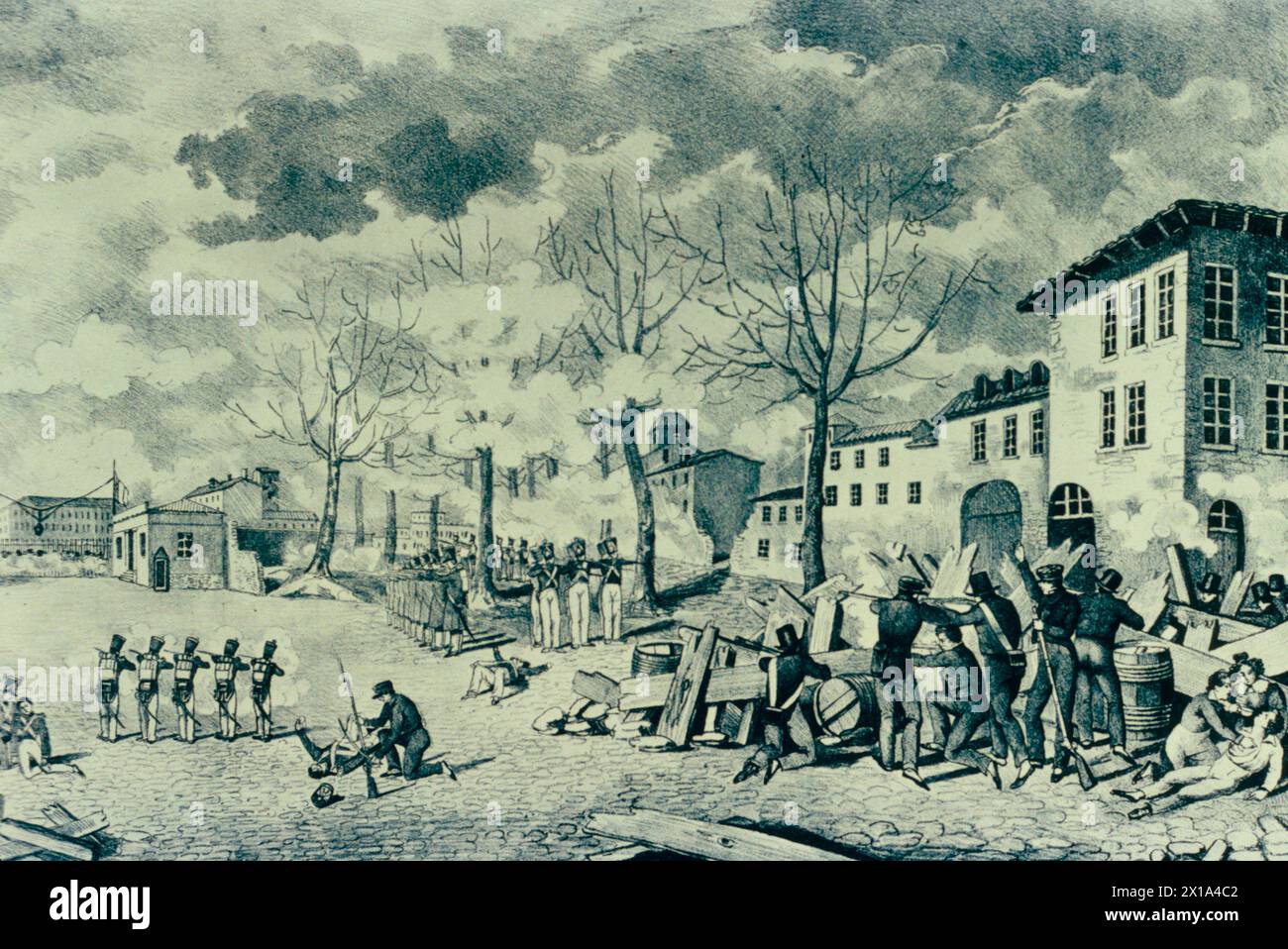 Der Aufstand der Arbeiter von Lyon, Frankreich 1831: Die Schlacht am Place des Bernadins, Lithografie Stockfoto