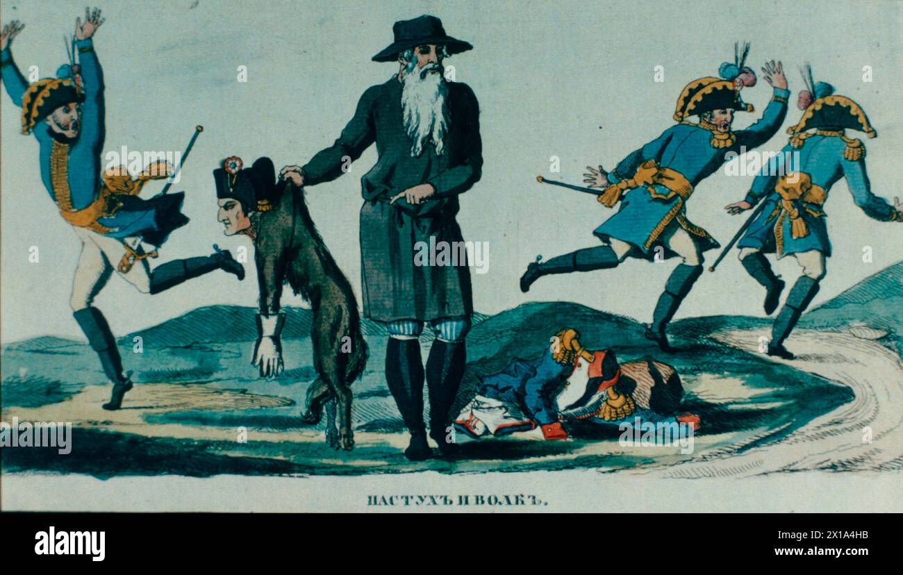 Russische Zeichentrickserie über Napoleon, Illustration, Russland, 19. Jahrhundert Stockfoto