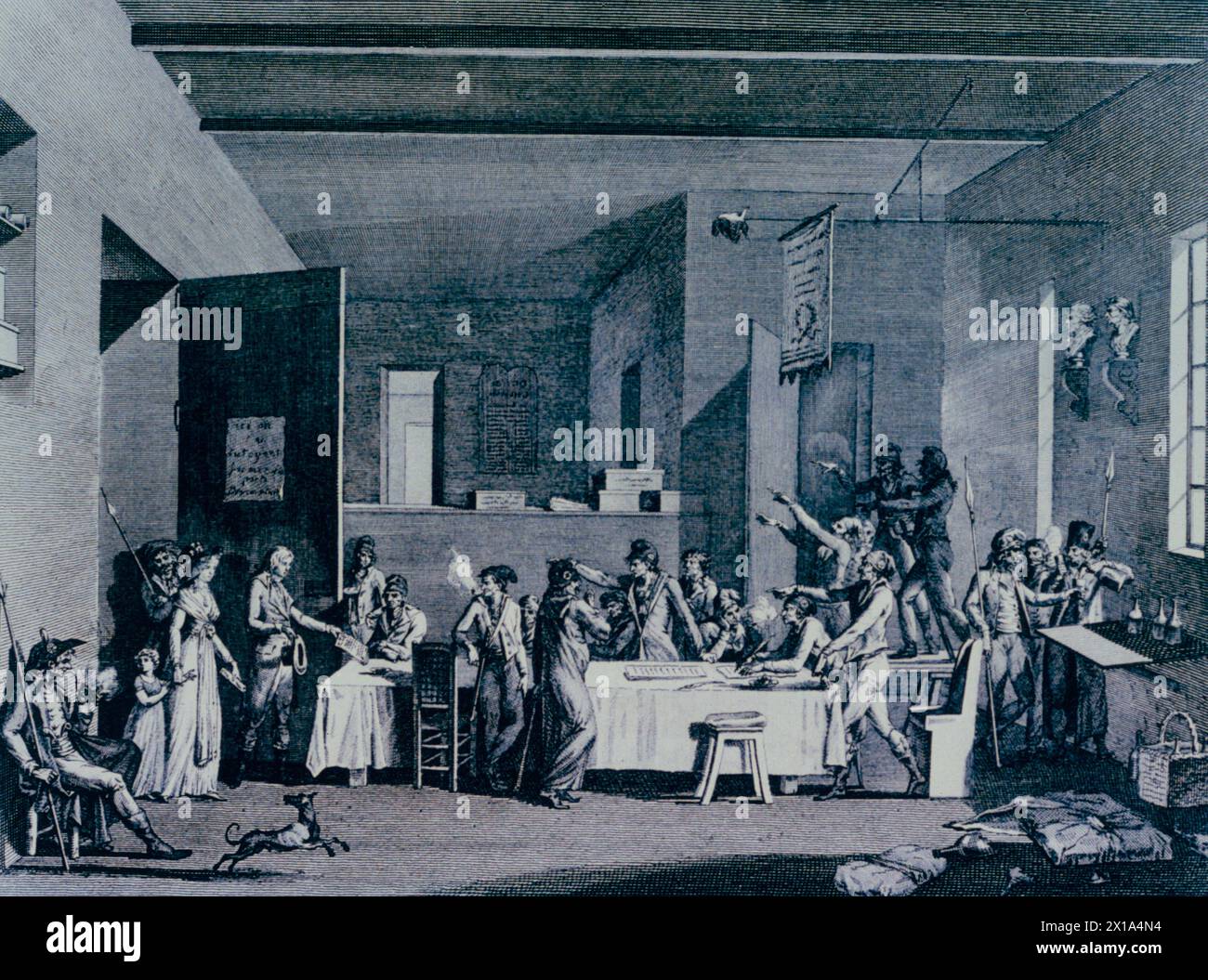 Ein französisches Revolutionskomitee im Jahr 1793, Kupferstich von JB Huet Stockfoto