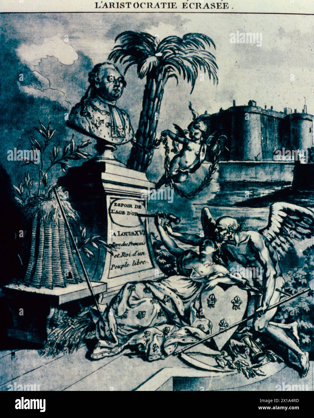 Aristokratie zerschmettert, Cartoon, in dem Ludwig XVI. Als Befreier des französischen Volkes gefeiert wird, Frankreich 1791 Stockfoto