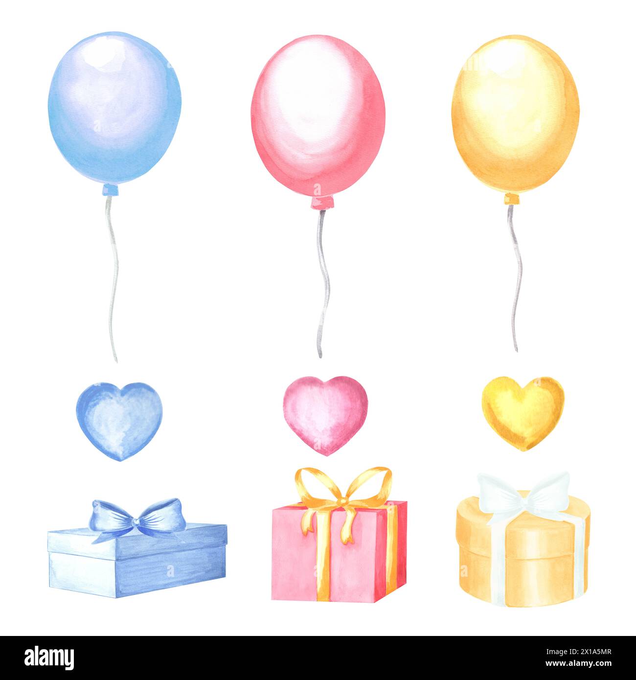 Heliumballons Geschenke mit Bögen und Cartoon-Herzen. Aquarellillustrationen. Festliche Zeichensammlung. Vorlage für Weihnachtsdekoration. Isoliert Stockfoto