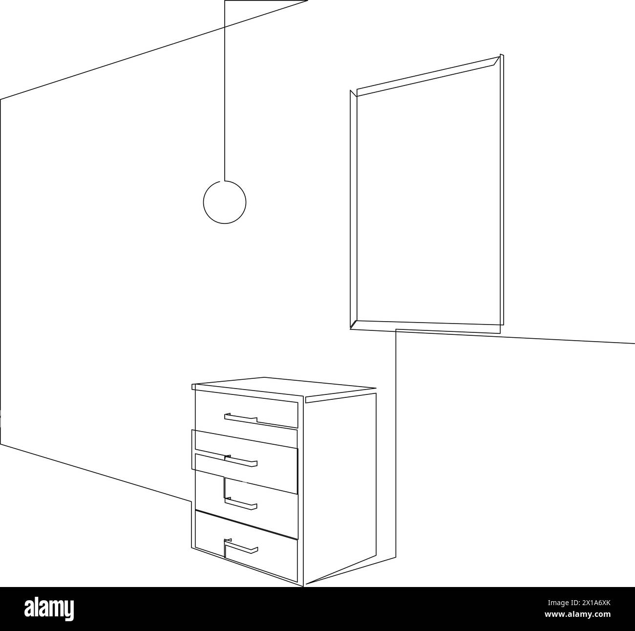 Durchgehende einzeilige Zeichnung des modernen Innenraums mit Kommode, Rahmen für Foto und Lampe. Wohnzimmer mit Möbeln, die von einzeiligen Kontou gezeichnet sind Stock Vektor