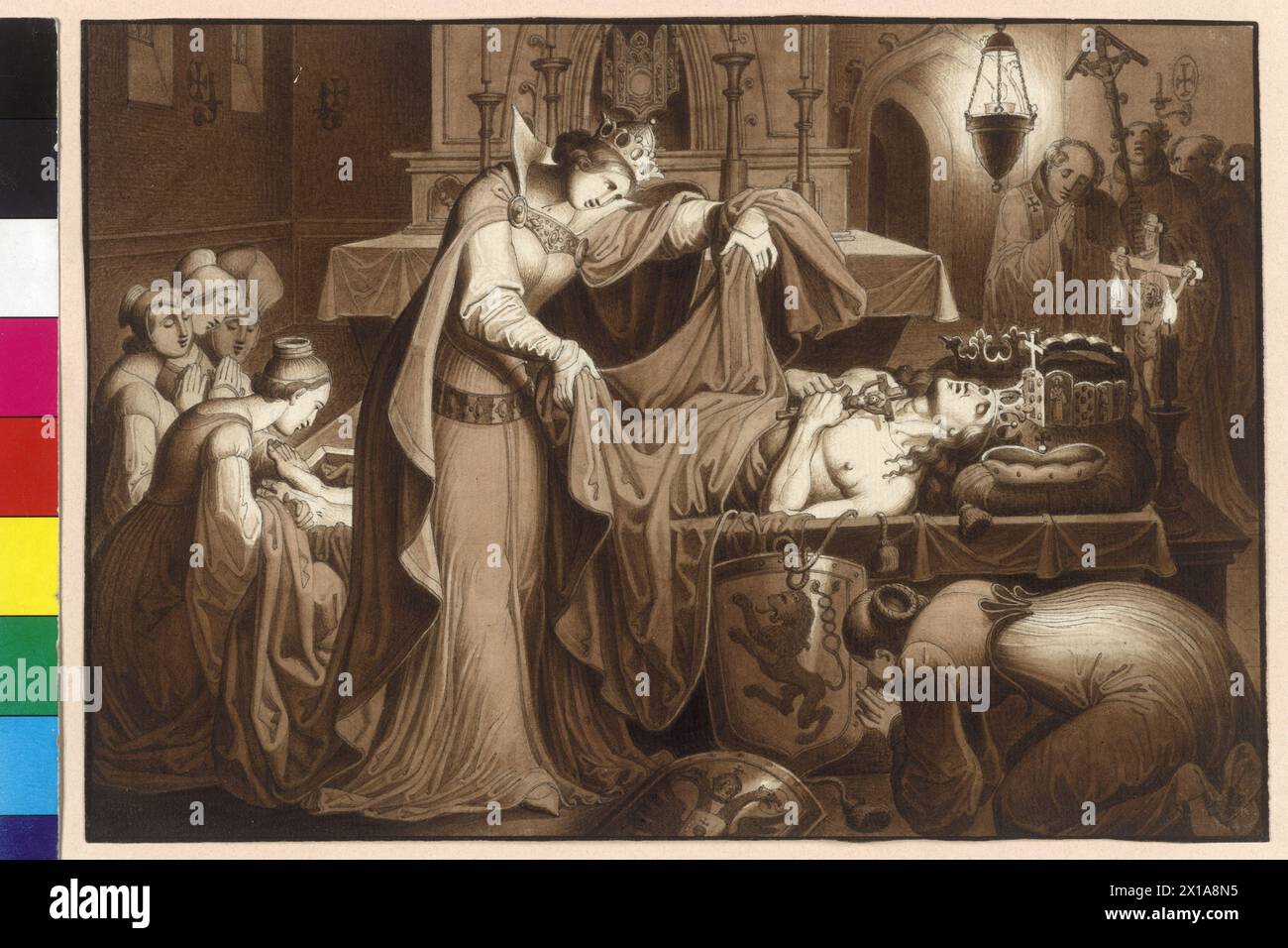 Kaiserin Anna wickelt den im Schottenkloster angelegten Leichnam König Ottokar in einer Grabtuch-, Feder- und Pinselzeichnung in Braun mit weißen Höhen über Bleistift von Karl Russ Blatt 89 aus dem Zyklus Bilder zur Geschichte von Wien. Die 149 Zeichnungen stammen aus der Zeit von 27. Januar 1826 und 12. Dezember 1832., 1825 - 18250101 PD0197 - Rechteinfo: Rights Managed (RM) Stockfoto