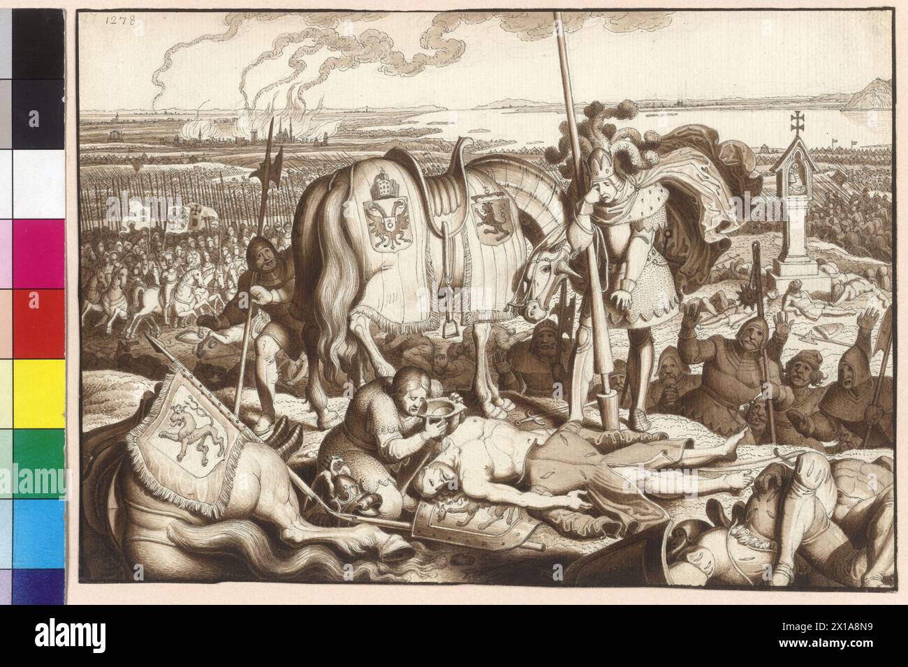 Kaiser Rudolf weinend auf dem Schlachtfeld der sterbende König Ottokar, Stift- und Pinselzeichnung in Braun, Manöver, mit weißen Höhen über Bleistift von Karl Rußblatt 88 aus dem Zyklus Bilder zur Geschichte von Wien. Die 149 Zeichnungen stammen aus der Zeit von 27. Januar 1826 und 12. Dezember 1832., 1825 - 18250101 PD0201 - Rechteinfo: Rights Managed (RM) Stockfoto