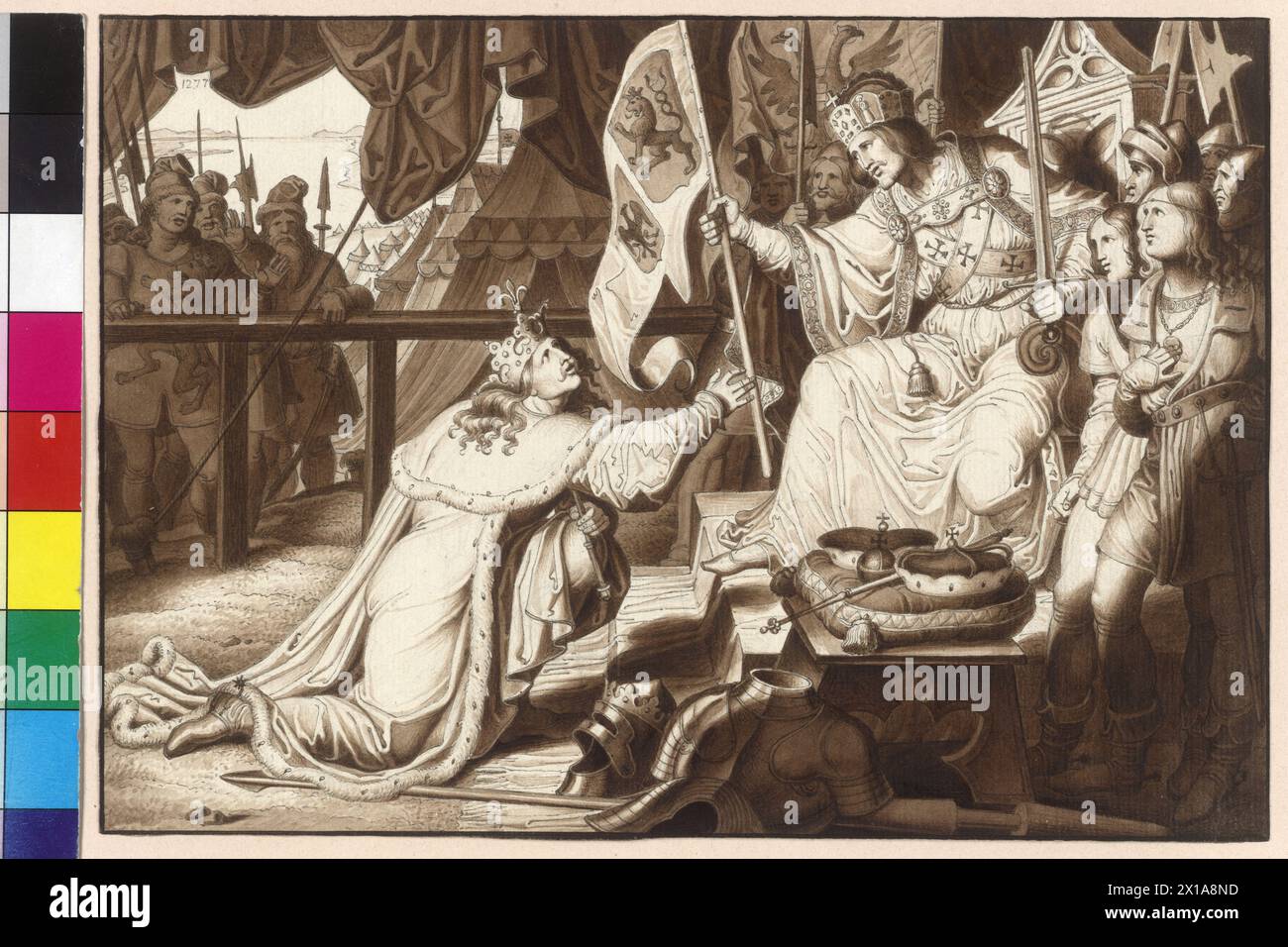 Kaiser Rudolf belohnt König Ottokar mit Böhmen und Mähren, Feder- und Pinselzeichnung in Braun mit weißen Höhen über Bleistift von Karl Russ Blatt 87 aus dem Zyklus Bilder zur Geschichte von Wien. Die 149 Zeichnungen stammen aus der Zeit von 27. Januar 1826 und 12. Dezember 1832., 1825 - 18250101 PD0212 - Rechteinfo: Rights Managed (RM) Stockfoto