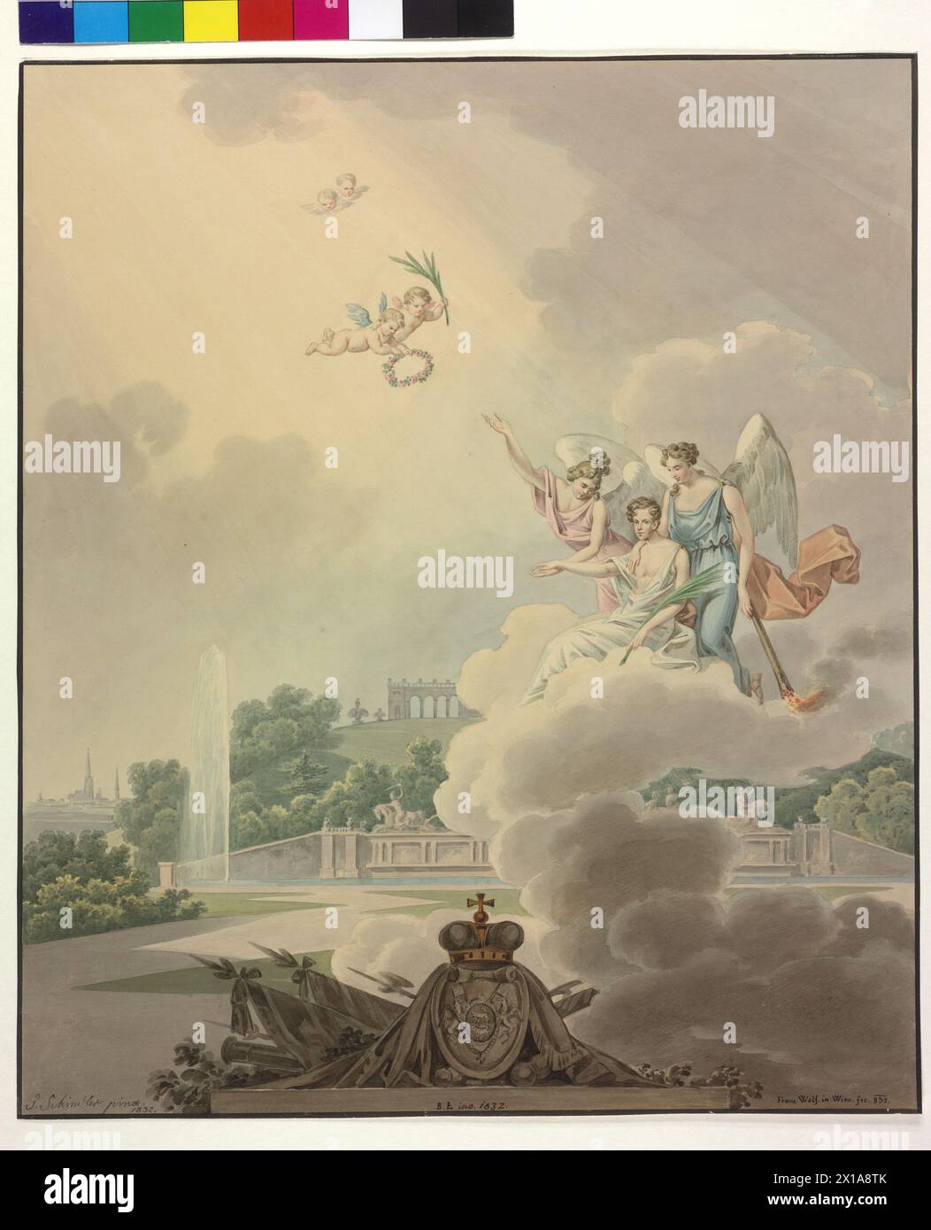 Die Apotheose des Herzogs von Reichstadt, Napoleon Franz Joseph Charles Bonaparte, Herzog von Reichstadt, des Sohnes Napeoleons und Marie Louise, starb mit 22 Jahren. Juni 1832 im Schloss Schönbrunn. Zwei Genies, um die stillgelegten in den Himmel zu begleiten, den Park von Schloss Schönbrunn und einen Blick auf die Stadt Wien. Im Vordergrund das Wappen des Herzogs Aquarell auf Karton von Franz Wolf, nach Malerei von Johann Joseph Schindelmacher, signiert und datiert 1832, 1832 - 18320101 PD0672 - Rechteinfo: Rights Managed (RM) Stockfoto