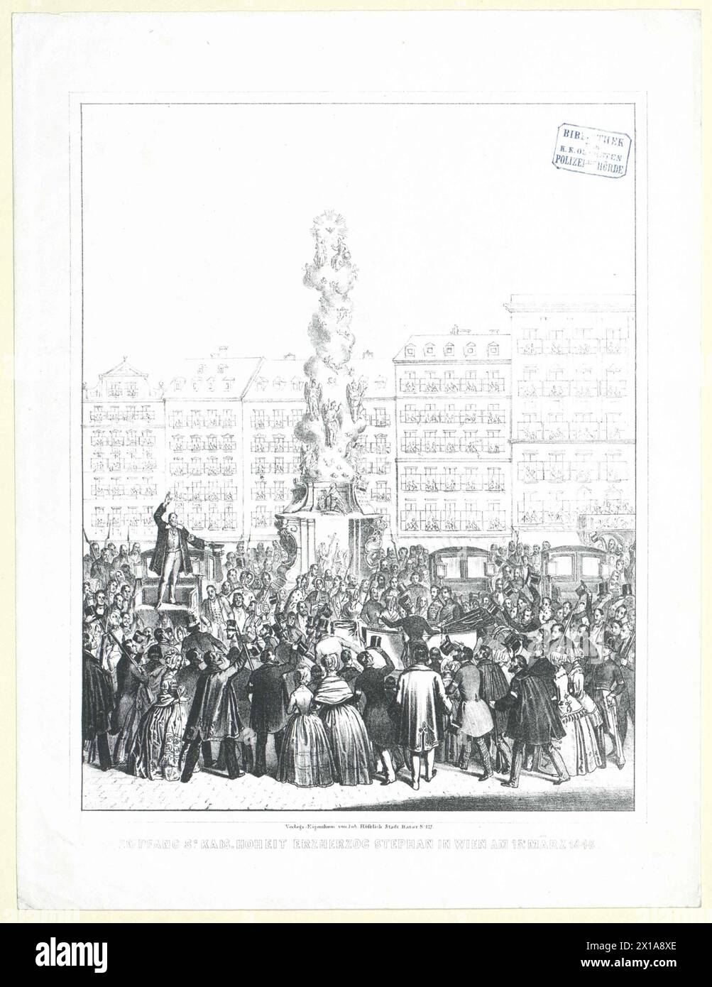 Empfang des kaiserlich-majestätisch-würdevollen Erzherzogs Stephan in Wien am 15. März 1848, Szene zum Bergbau: Die Menge jubelt den Entwurfsfürsten, und ein Redner stärkt die Bitte der Bevölkerung. Lithograph., 1848 - 18480101 PD0918 - Rechteinfo: Rights Managed (RM) Stockfoto