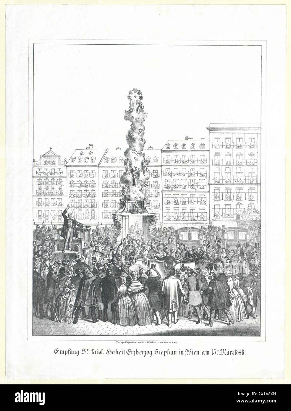 Empfang des kaiserlich-majestätisch-würdevollen Erzherzogs Stephan in Wien am 15. März 1848, Szene zum Bergbau: Die Menge jubelt den Entwurfsfürsten, und ein Redner stärkt die Bitte der Bevölkerung. Lithograph., 1848 - 18480101 PD0948 - Rechteinfo: Rights Managed (RM) Stockfoto