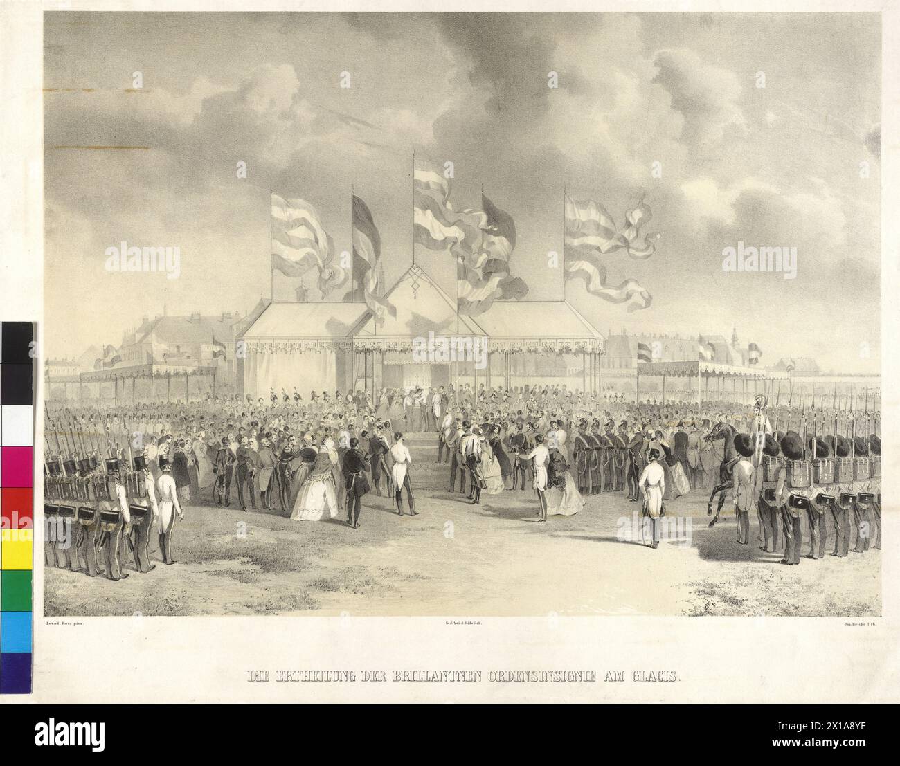 Ausgabe der brillanten Ordensabzeichen bei Glacis, am 5.4.1843 wurde Erzherzog Karl das große Kreuz des militärischen Maria-Theresia-Ordens verliehen, Lithografie von Joseph Heicke nach einem Aquarell von Leander Russ, - 18430101 PD0695 - Rechteinfo: Rights Managed (RM) Stockfoto