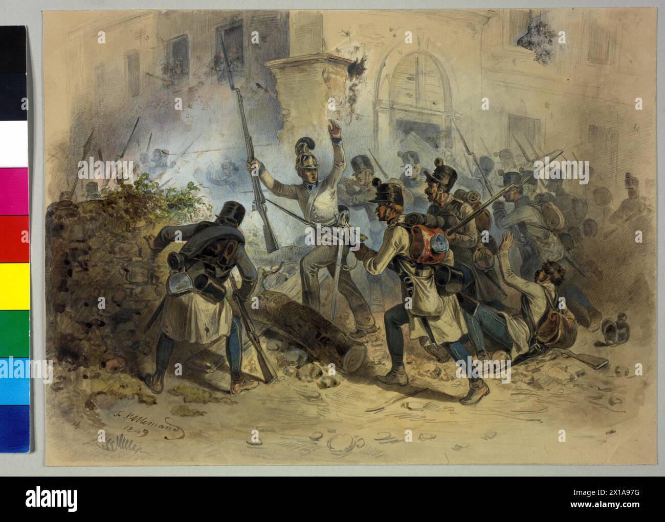 Urban Warfare 1848, österreichische Infanterie im urbanen Krieg. Aquarell von Fritz L'Allemand, Zeichen und Datum 1849, 1849 - 18490101 PD0701 - Rechteinfo: Rights Managed (RM) Stockfoto