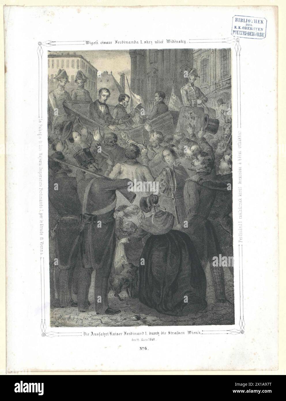 Die Rampe Kaiser Ferdinand 1. Durch die Straßen Wiens, den 15. März 1848, mit in der Kutsche Erzherzog Franz Karl und seinem Sohn Erzherzog Franz Joseph. Lithografie nach einer Konzeption des Ziegelherstellers Max Anton. Getönte Scheibe, 1849 - 18490101 PD0730 - Rechteinfo: Rights Managed (RM) Stockfoto