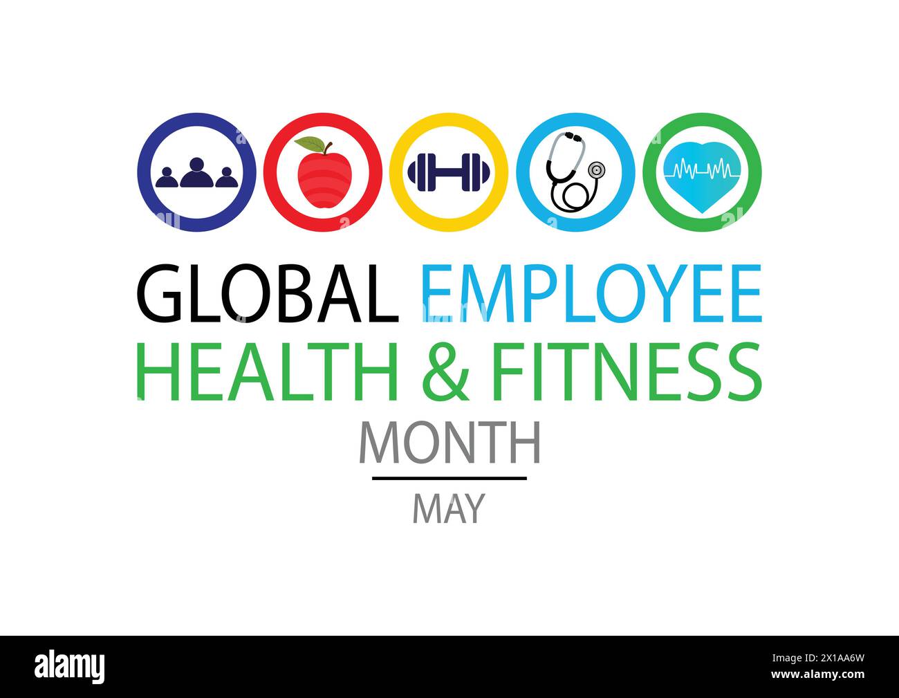 Globaler Monat für Gesundheit und Fitness der Mitarbeiter. Mai. Urlaubskonzept. Vorlage für Hintergrund, Banner, Karte, Poster mit Textbeschriftung. Stock Vektor